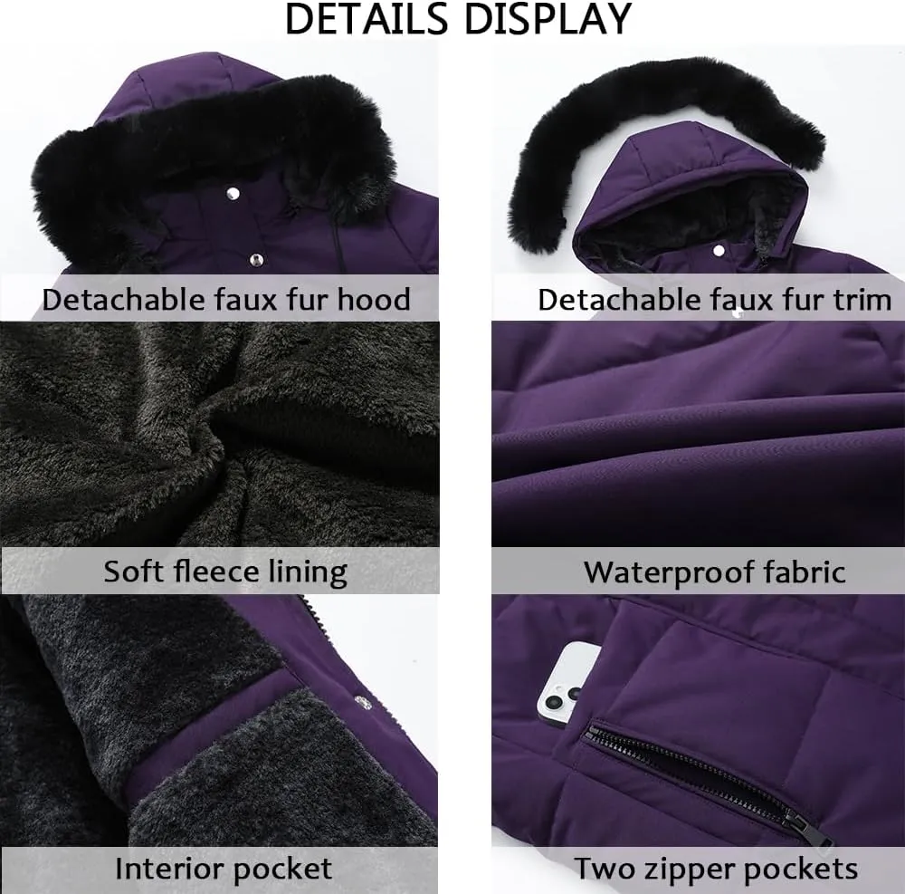 MOERDENG Women's Winter Puffer Coat Thicken Fleece Lined Down Jacket Waterproof Faux Fur Detachable Hooded Parka