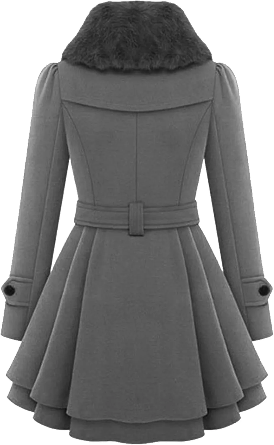 OMZIN Women's Long Shaggy Belted Pea Coat Slim Faux Fur Collar Coat Bridal Jacket with Belt