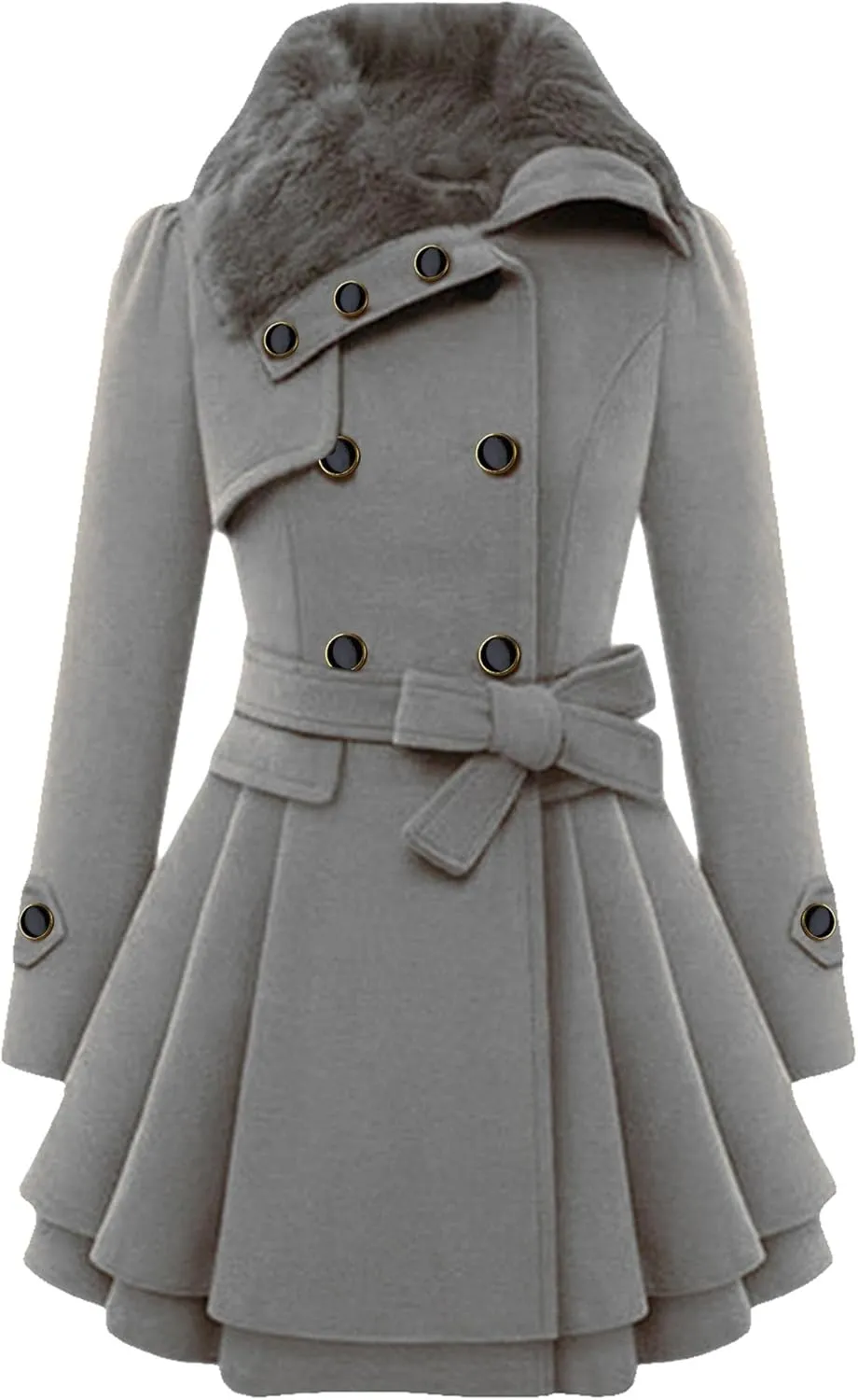 OMZIN Women's Long Shaggy Belted Pea Coat Slim Faux Fur Collar Coat Bridal Jacket with Belt