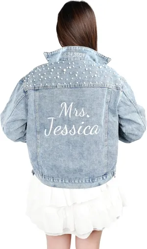 Personalized Embroidered Bride Jean Jacket, Pearl Jean Jacket for Women with NameOversized Custom Cropped Denim Jacket for Wedding, Bachelor party, Bridal Shower/TripHoneymoon, Vacation