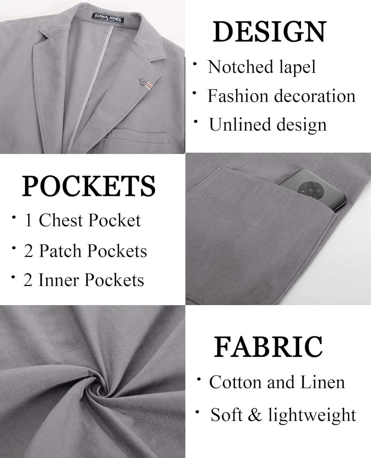 PJ PAUL JONES Mens Blazer Casual Cotton-Linen Sport Coat Lightweight 2 Button Unlined Suit Jackets