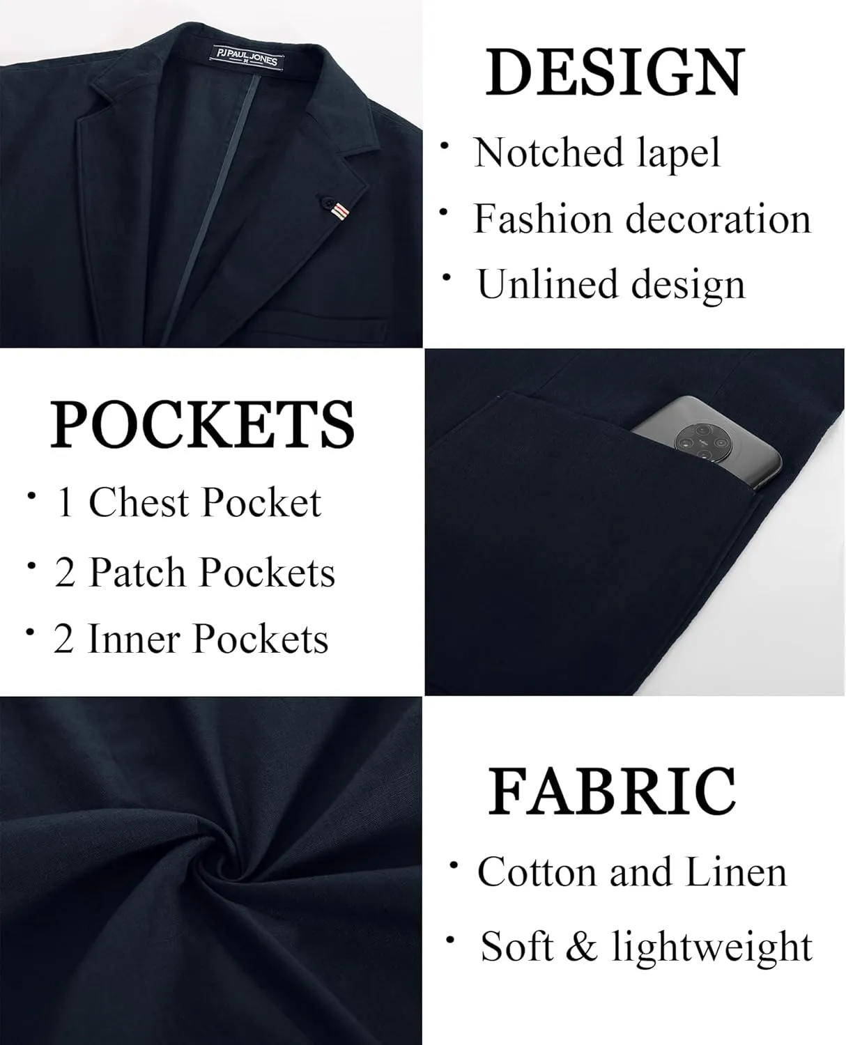 PJ PAUL JONES Mens Blazer Casual Cotton-Linen Sport Coat Lightweight 2 Button Unlined Suit Jackets