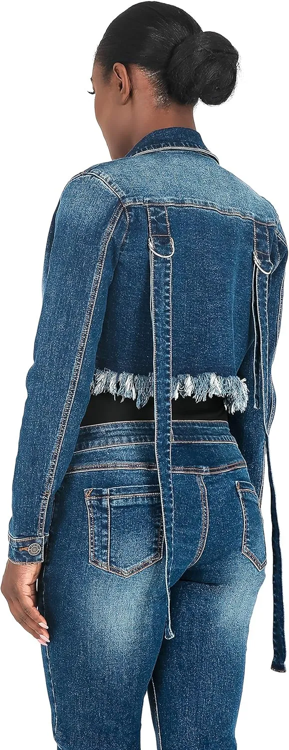 Poetic Justice Curvy Women's Strap Frayed Hem Indigo Tinted Cropped Jean Jacket