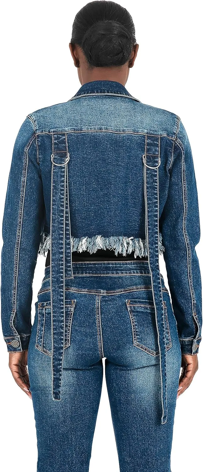 Poetic Justice Curvy Women's Strap Frayed Hem Indigo Tinted Cropped Jean Jacket