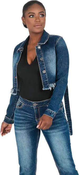Poetic Justice Curvy Women's Strap Frayed Hem Indigo Tinted Cropped Jean Jacket
