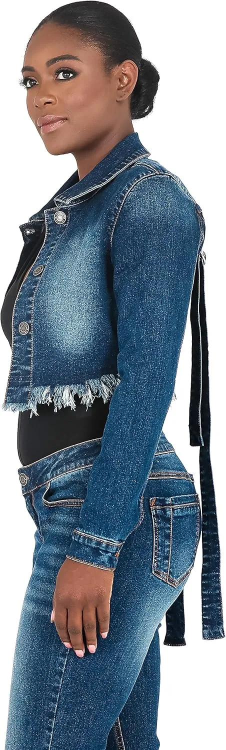 Poetic Justice Curvy Women's Strap Frayed Hem Indigo Tinted Cropped Jean Jacket