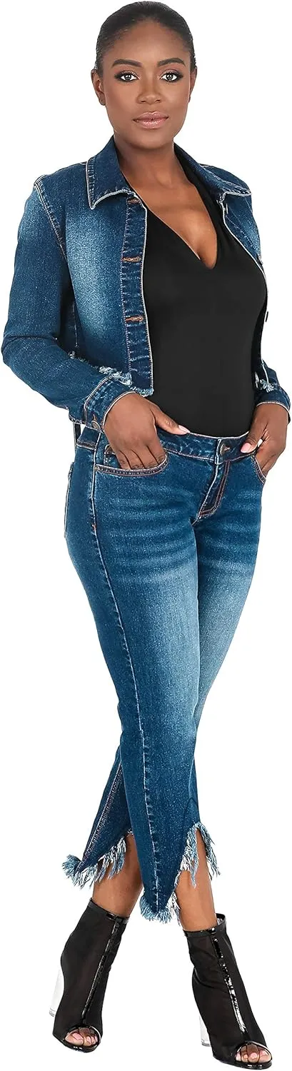 Poetic Justice Curvy Women's Strap Frayed Hem Indigo Tinted Cropped Jean Jacket