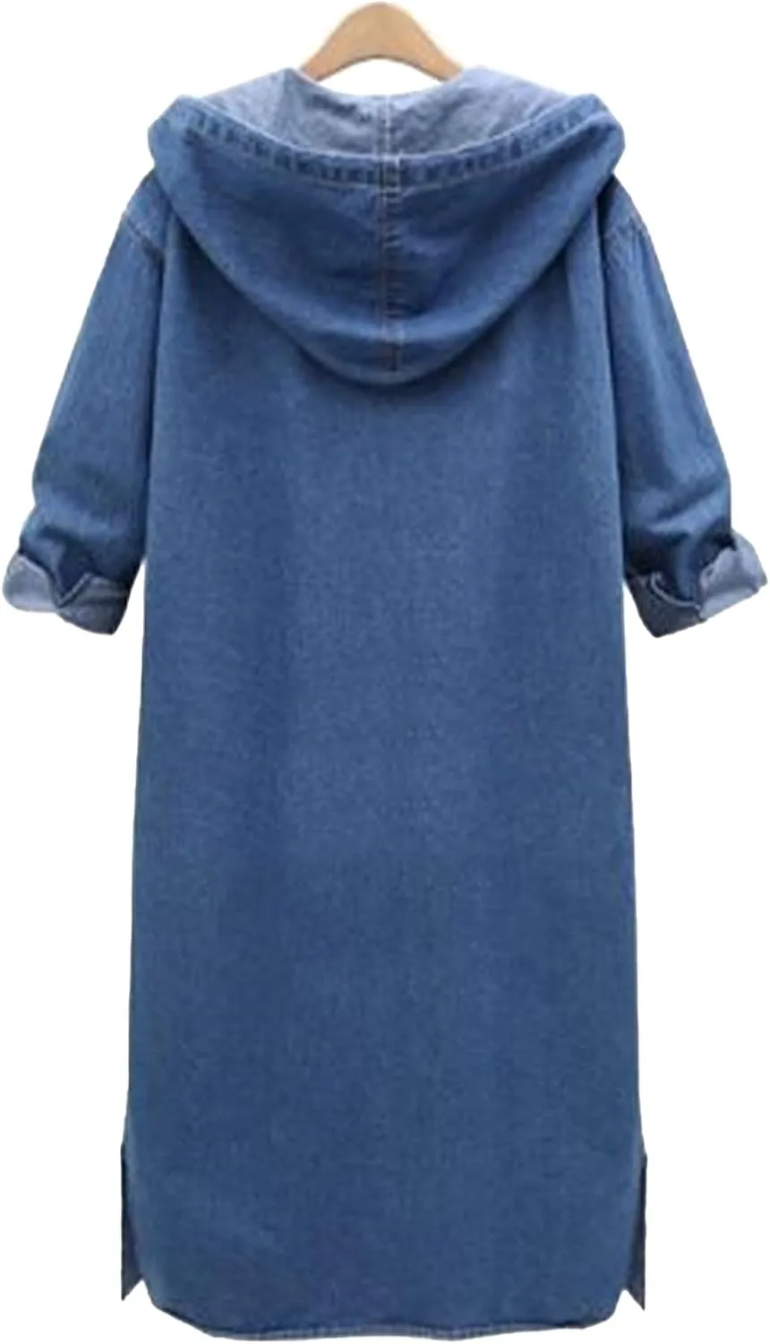 Raboolion Women's Long Denim Hooded Jacket Oversized Drawstring Button Trench Jean Jacket Coat