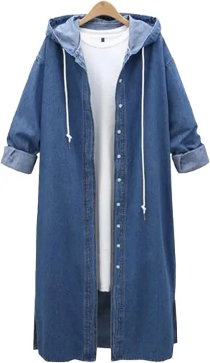 Raboolion Women's Long Denim Hooded Jacket Oversized Drawstring Button Trench Jean Jacket Coat