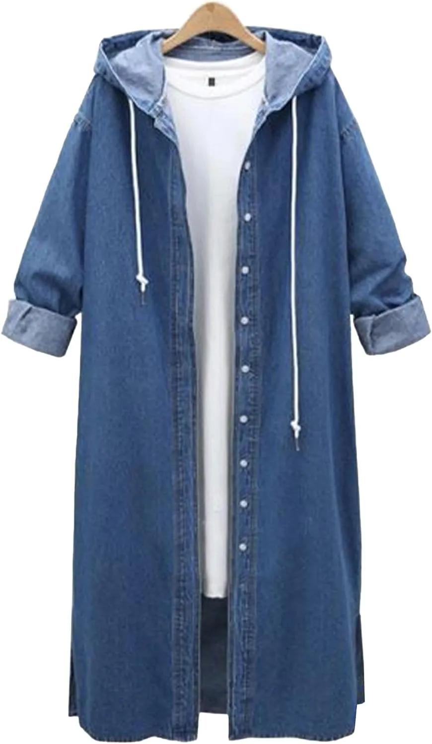 Raboolion Women's Long Denim Hooded Jacket Oversized Drawstring Button Trench Jean Jacket Coat