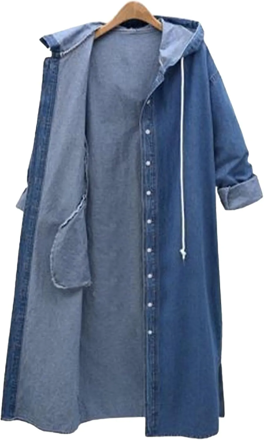 Raboolion Women's Long Denim Hooded Jacket Oversized Drawstring Button Trench Jean Jacket Coat