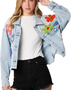 RINTONIX Women Y2K Long Sleeve Button Down 3D Flower Patchwork Crop Raw Hem Denim Jacket Washed Distressed Jean Jacket