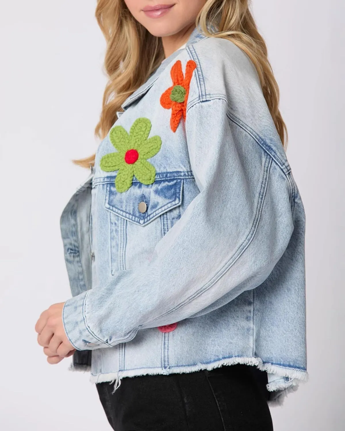 RINTONIX Women Y2K Long Sleeve Button Down 3D Flower Patchwork Crop Raw Hem Denim Jacket Washed Distressed Jean Jacket