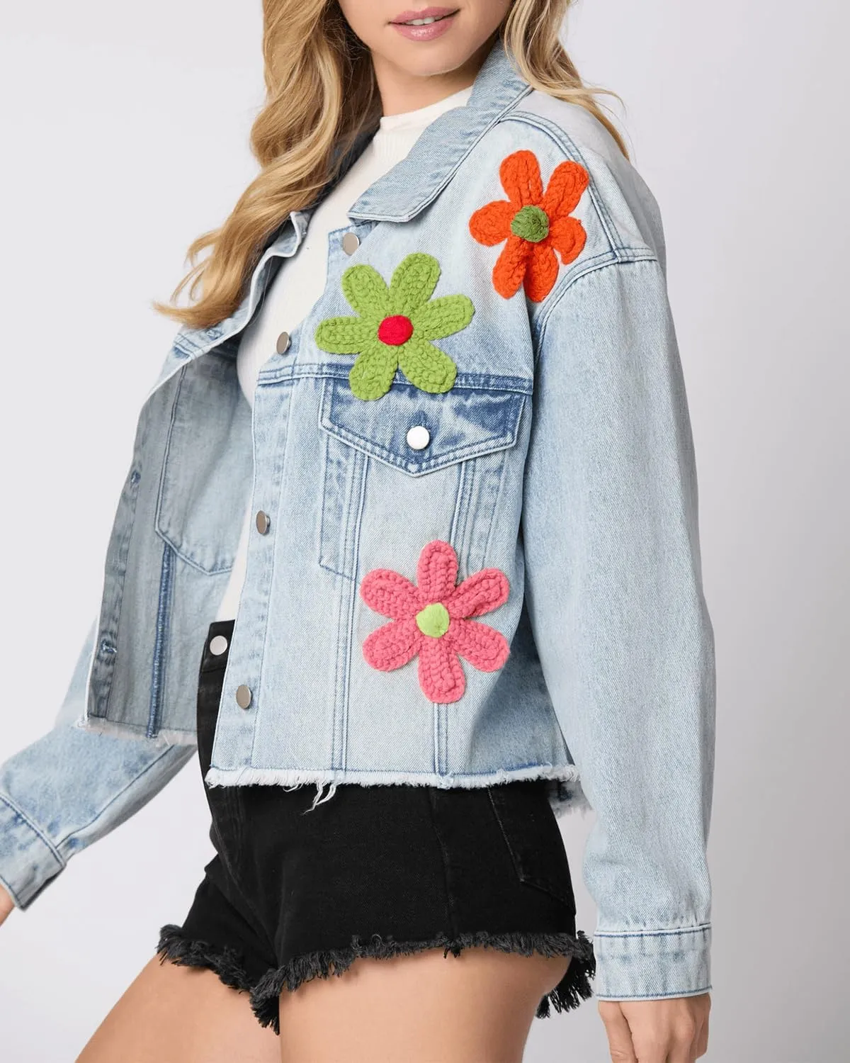 RINTONIX Women Y2K Long Sleeve Button Down 3D Flower Patchwork Crop Raw Hem Denim Jacket Washed Distressed Jean Jacket