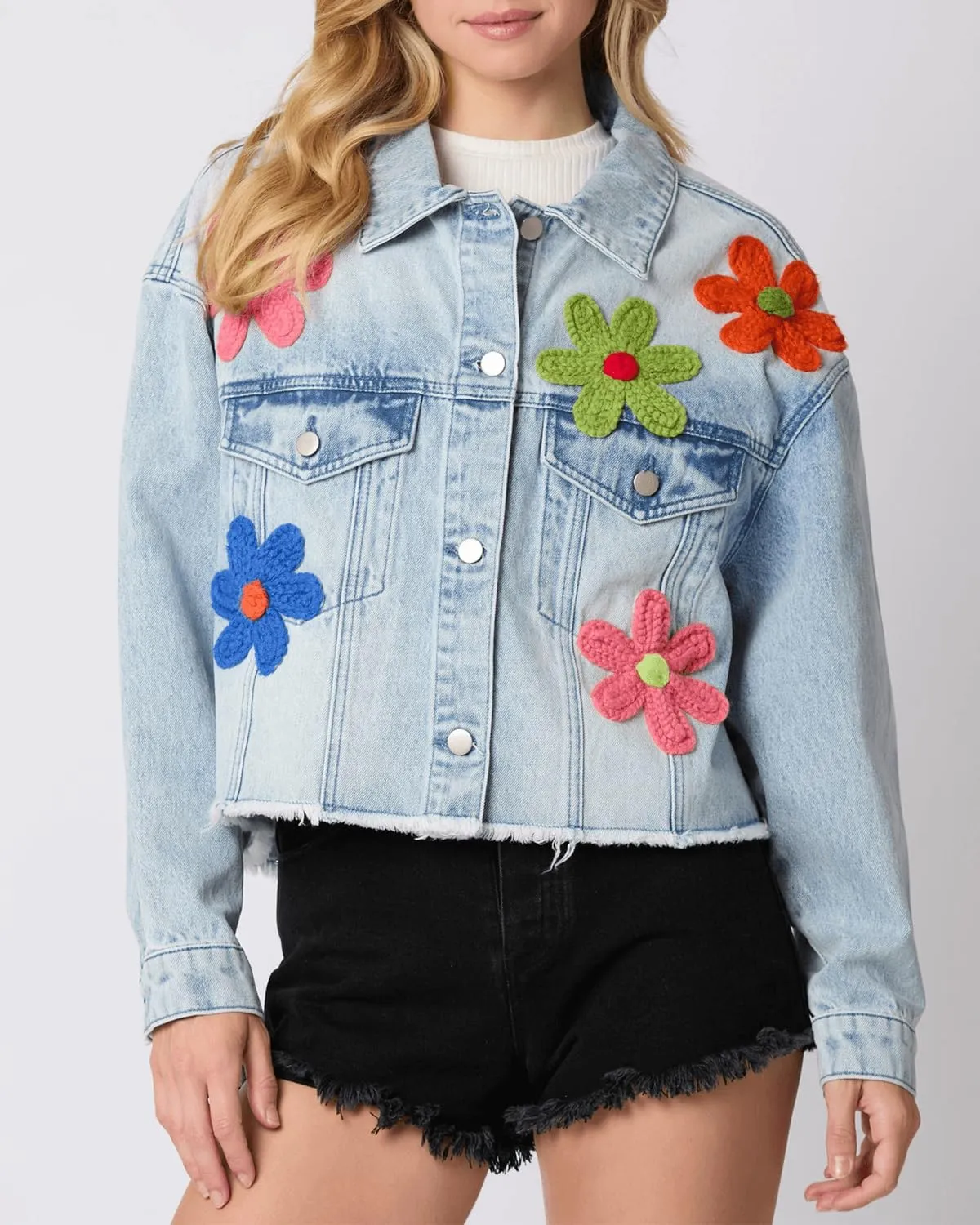 RINTONIX Women Y2K Long Sleeve Button Down 3D Flower Patchwork Crop Raw Hem Denim Jacket Washed Distressed Jean Jacket