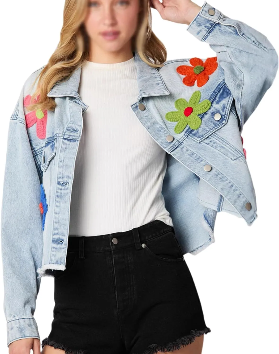 RINTONIX Women Y2K Long Sleeve Button Down 3D Flower Patchwork Crop Raw Hem Denim Jacket Washed Distressed Jean Jacket