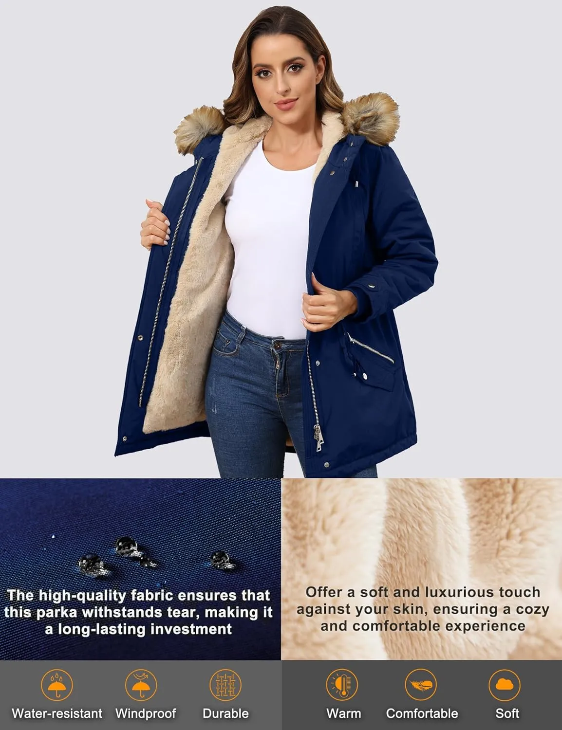 ROYAL MATRIX Women's Winter Coats Fleece Lined Parka Jacket Hooded Long Winter Warm Parka Coat with Pockets