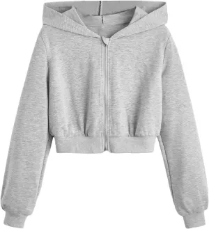 WDIRARA Girl's Zip Front Hoodie Pocket Casual Long Sleeve Sweatshirt Cropped Tops