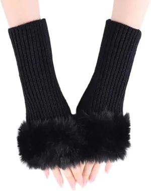 Winter Women Fingerless Gloves Knitted Arm Warmers Hand Mittens ThumbHole Faux Fur Wrist Short Cuff for Women