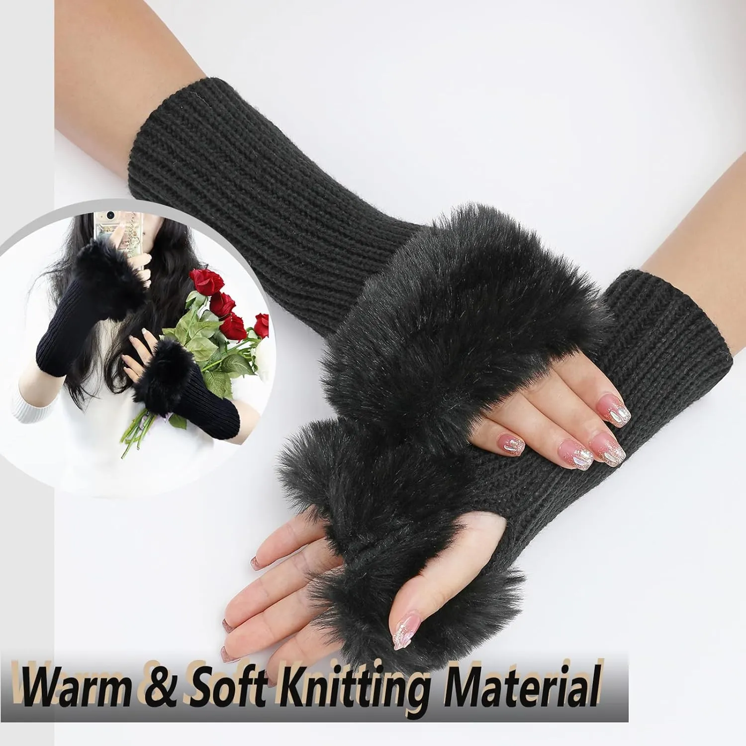 Winter Women Fingerless Gloves Knitted Arm Warmers Hand Mittens ThumbHole Faux Fur Wrist Short Cuff for Women