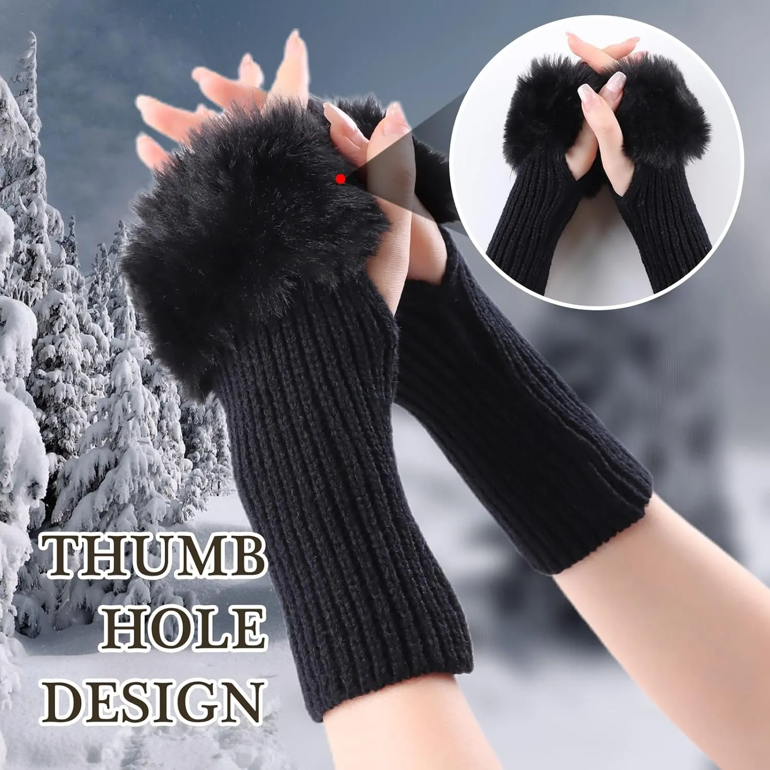 Winter Women Fingerless Gloves Knitted Arm Warmers Hand Mittens ThumbHole Faux Fur Wrist Short Cuff for Women