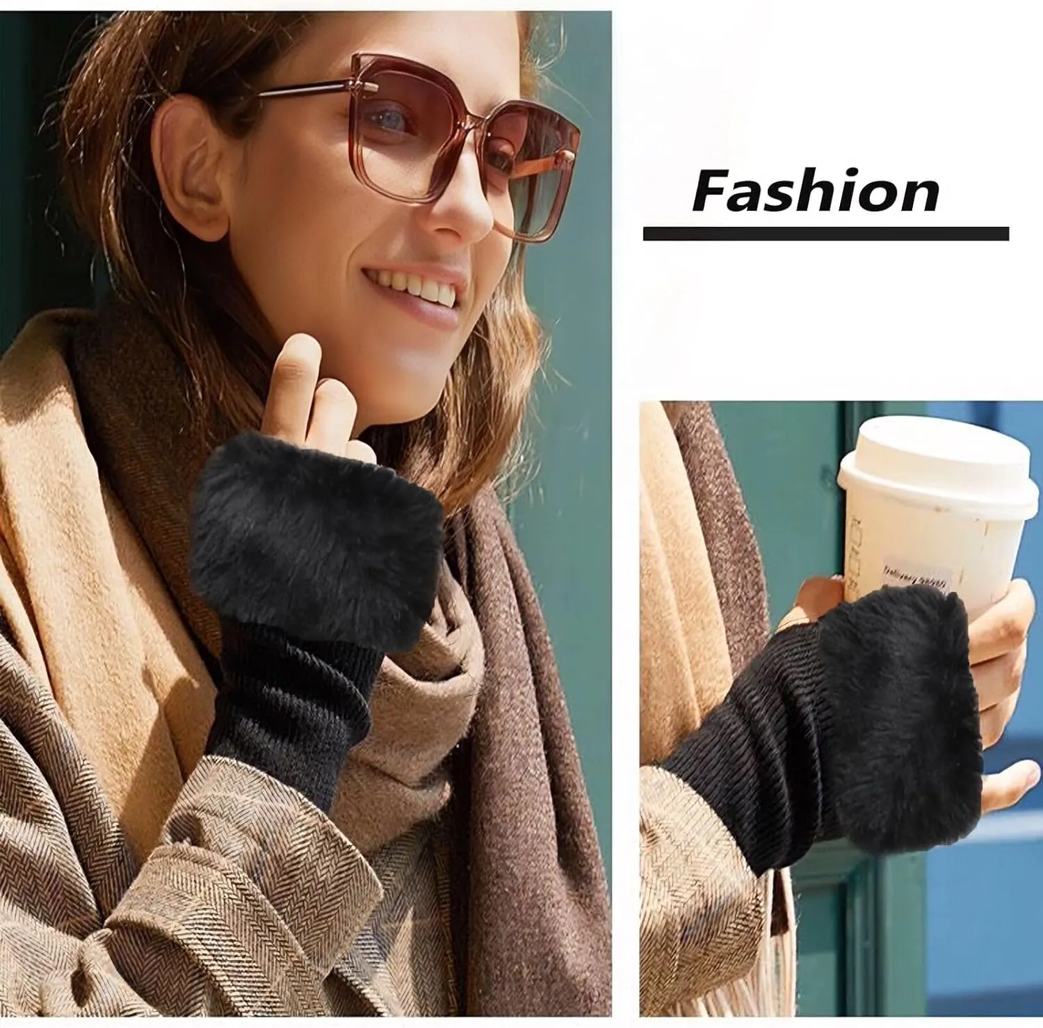 Winter Women Fingerless Gloves Knitted Arm Warmers Hand Mittens ThumbHole Faux Fur Wrist Short Cuff for Women