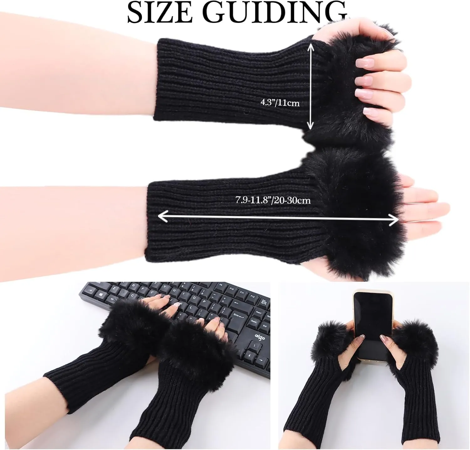 Winter Women Fingerless Gloves Knitted Arm Warmers Hand Mittens ThumbHole Faux Fur Wrist Short Cuff for Women