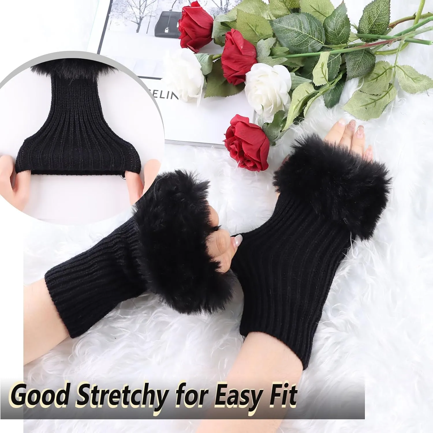 Winter Women Fingerless Gloves Knitted Arm Warmers Hand Mittens ThumbHole Faux Fur Wrist Short Cuff for Women