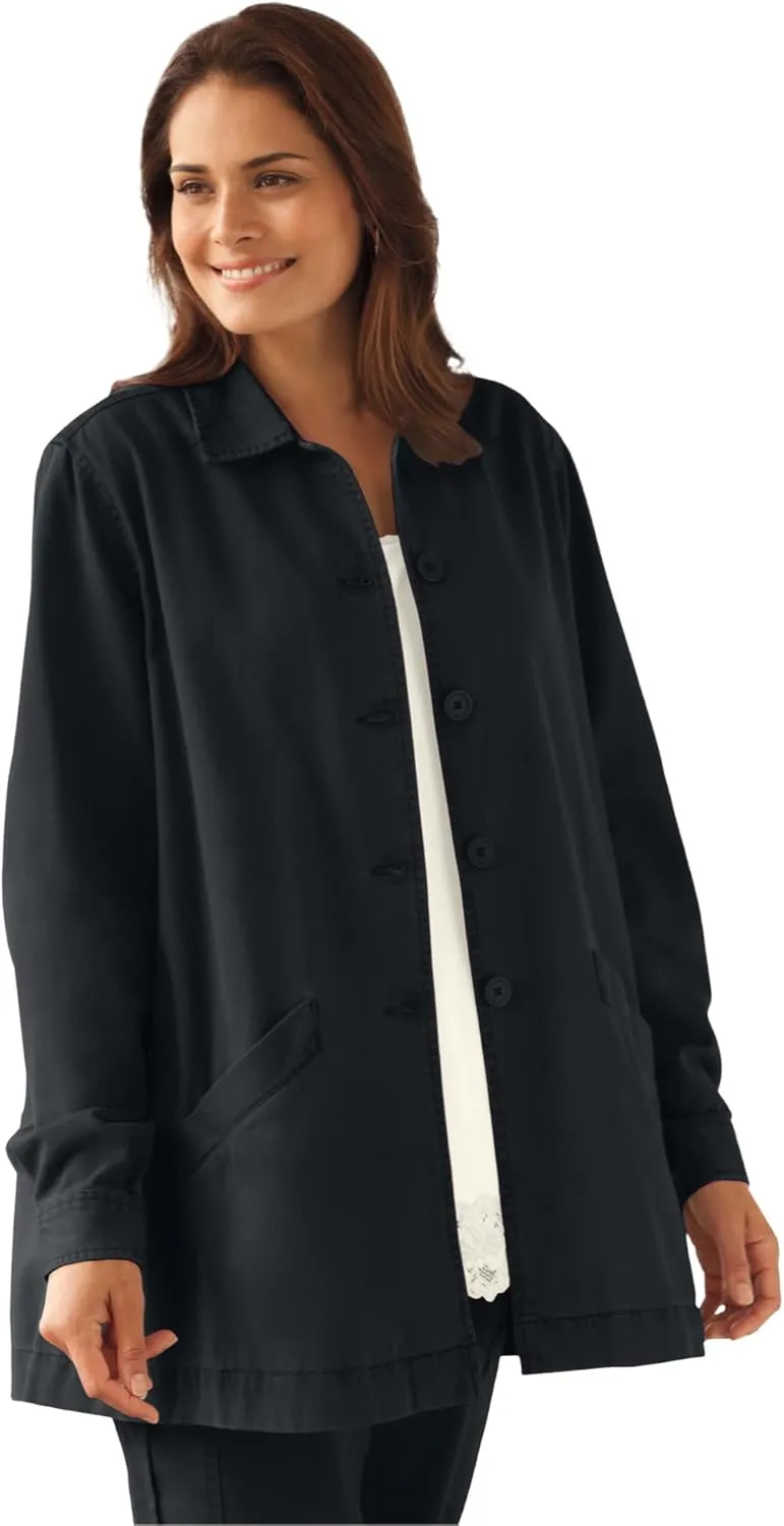 Woman Within Plus Size Pleat-Back Denim Jacket Long Oversized Jean Coat