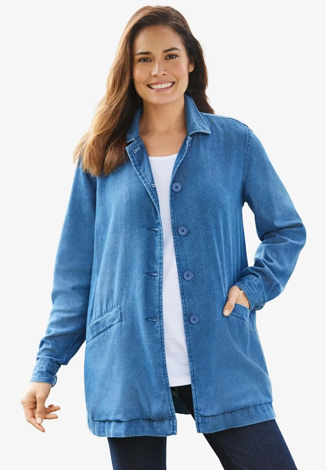 Woman Within Plus Size Pleat-Back Denim Jacket Long Oversized Jean Coat