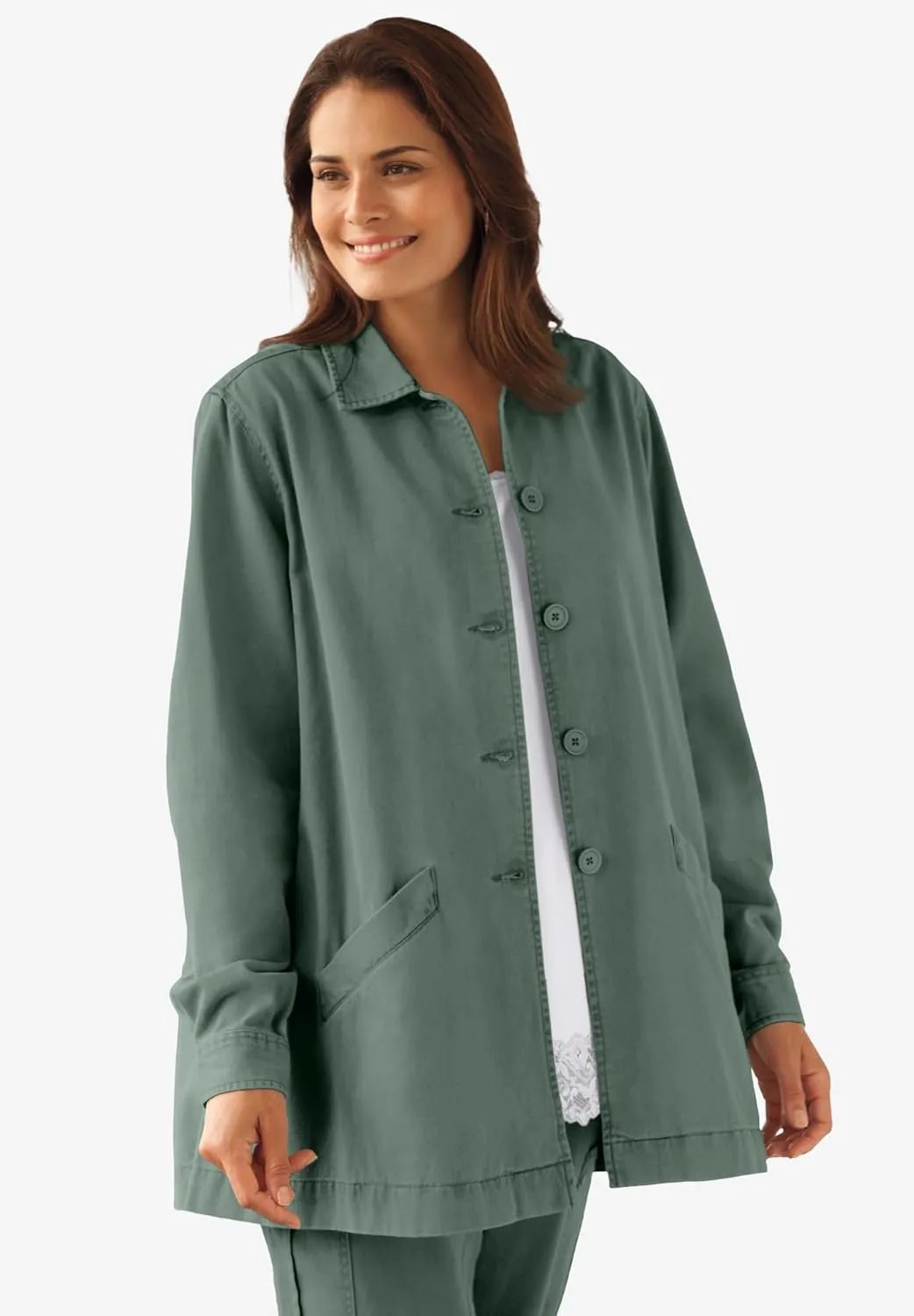 Woman Within Plus Size Pleat-Back Denim Jacket Long Oversized Jean Coat