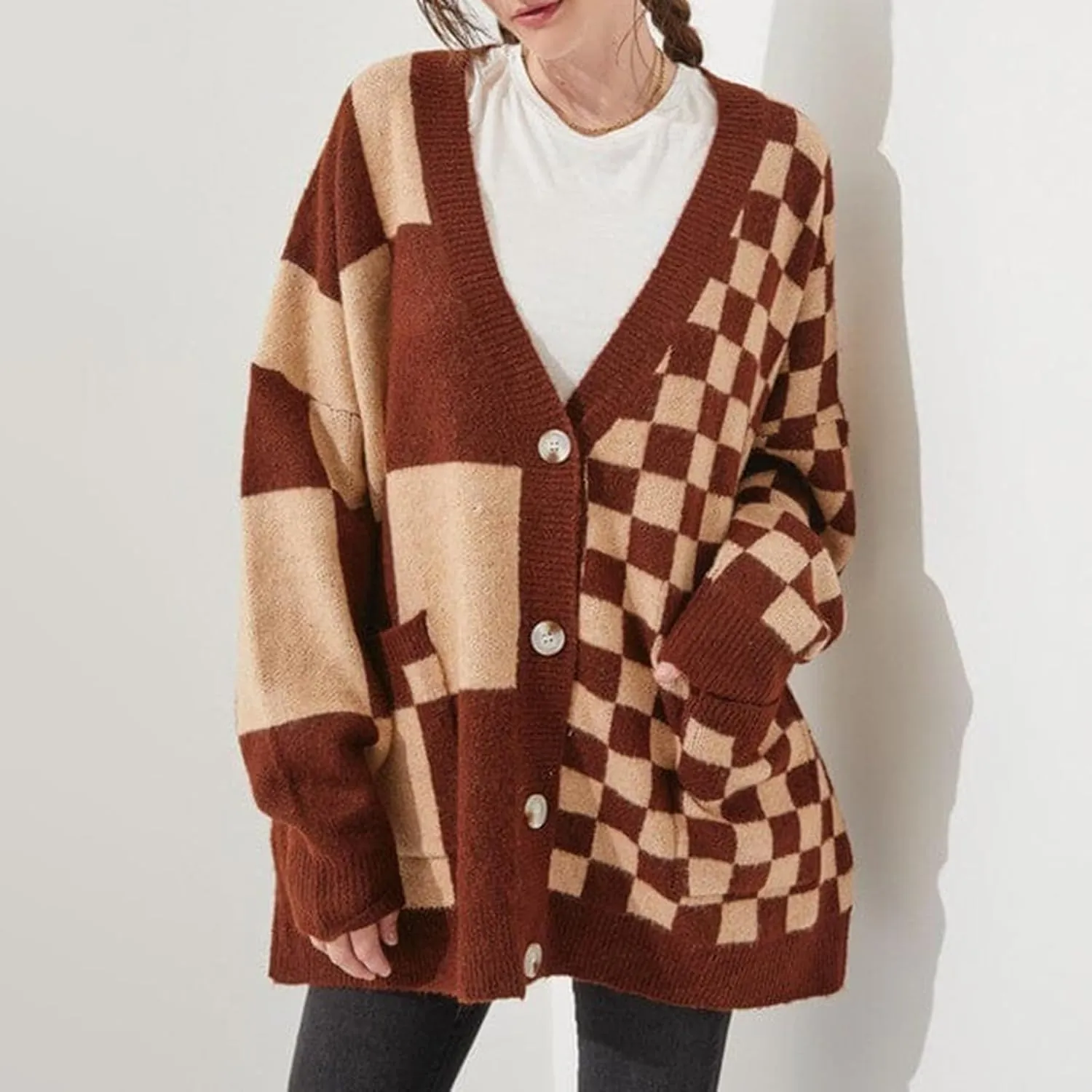 Women Checkered Oversized Cardigan Loose Deep V Neck Long Sleeve Button Down Sweater with Pockets Vintage Streetwear