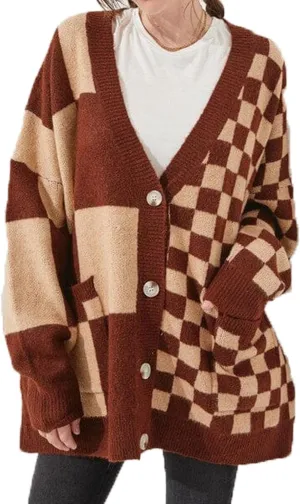 Women Checkered Oversized Cardigan Loose Deep V Neck Long Sleeve Button Down Sweater with Pockets Vintage Streetwear