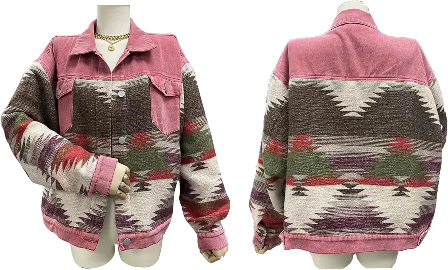 Womens Aztec Shacket Jacket Lapel Long Sleeve Retro Jean Coat Oversized Western Denim Jacket