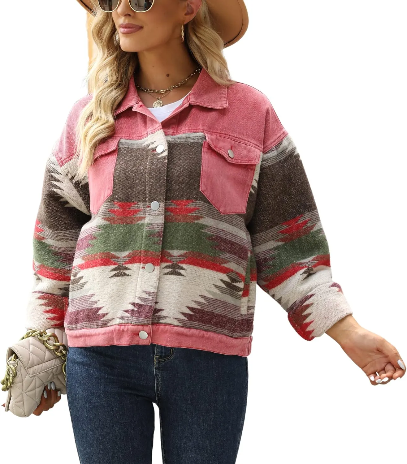 Womens Aztec Shacket Jacket Lapel Long Sleeve Retro Jean Coat Oversized Western Denim Jacket