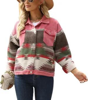 Womens Aztec Shacket Jacket Lapel Long Sleeve Retro Jean Coat Oversized Western Denim Jacket