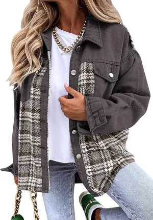 Women's Oversized Denim Shacket Jacket Plaid Long Sleeve Shirt Boyfriend Button Down Blouses Tops(0268-GreyX1-S)