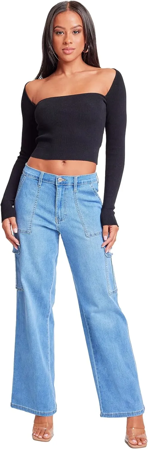 YMI Womens Elastic Waist Straight Leg Cargo Jean