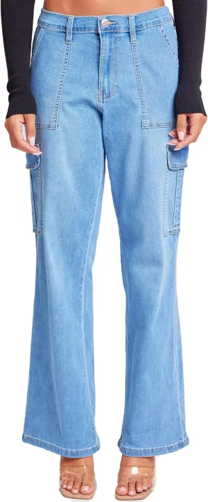 YMI Womens Elastic Waist Straight Leg Cargo Jean