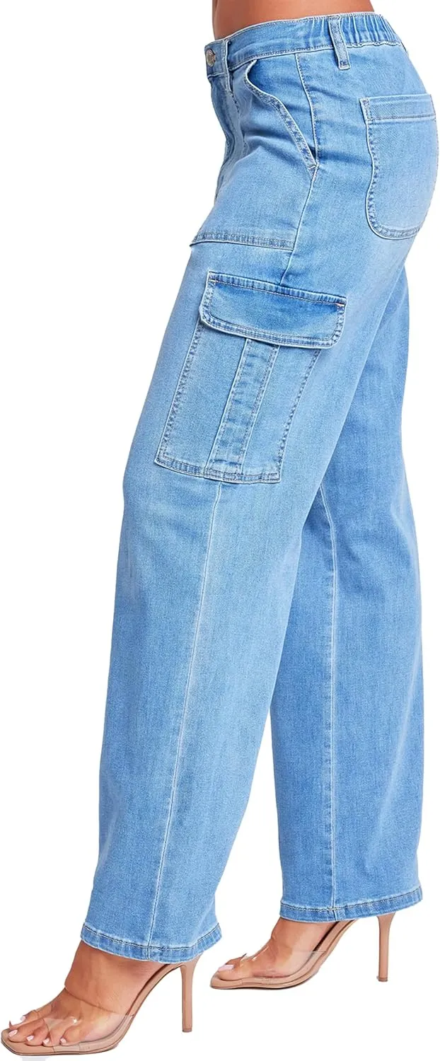 YMI Womens Elastic Waist Straight Leg Cargo Jean