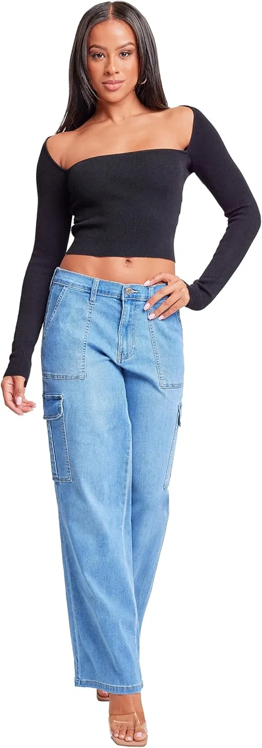 YMI Womens Elastic Waist Straight Leg Cargo Jean