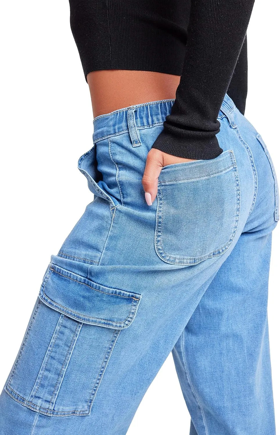 YMI Womens Elastic Waist Straight Leg Cargo Jean